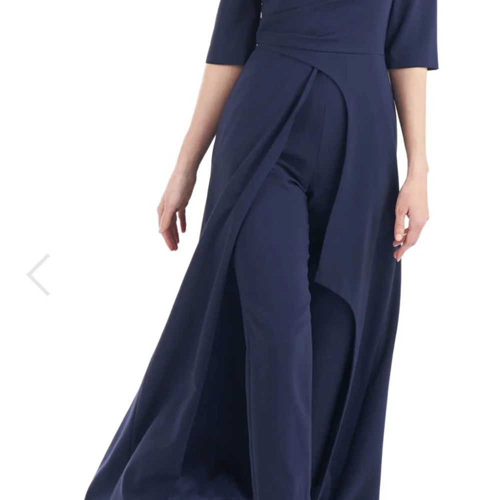 Kay Unger Blue Asymmetrical Jumpsuit with Palazzo Pants—Sophisticated formal